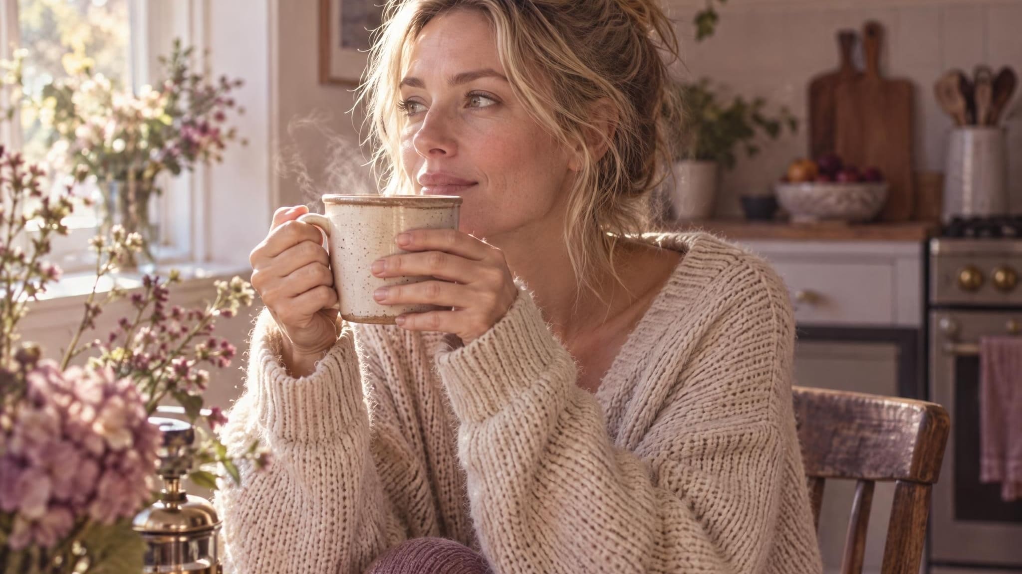 A woman with tousled blonde hair in an oversized knit sweater sips coffee at a sunlit kitchen table on a slow morning.