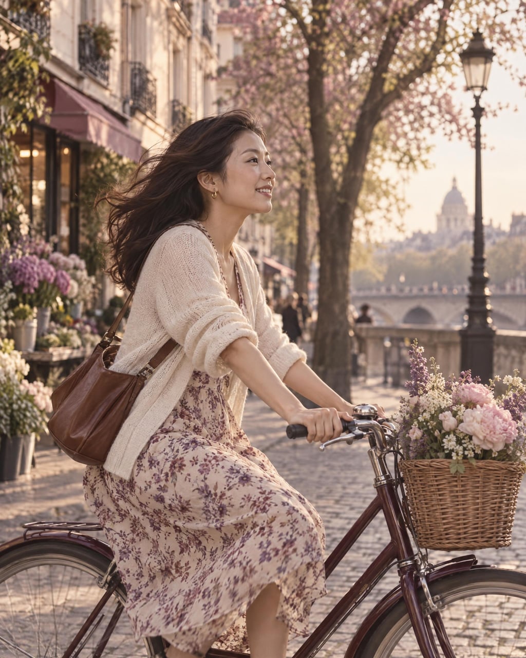 On an iPhone screen, a woman in a plum cardigan rides a bicycle with a basket of flowers down a cobbled street, smiling into the wind.
