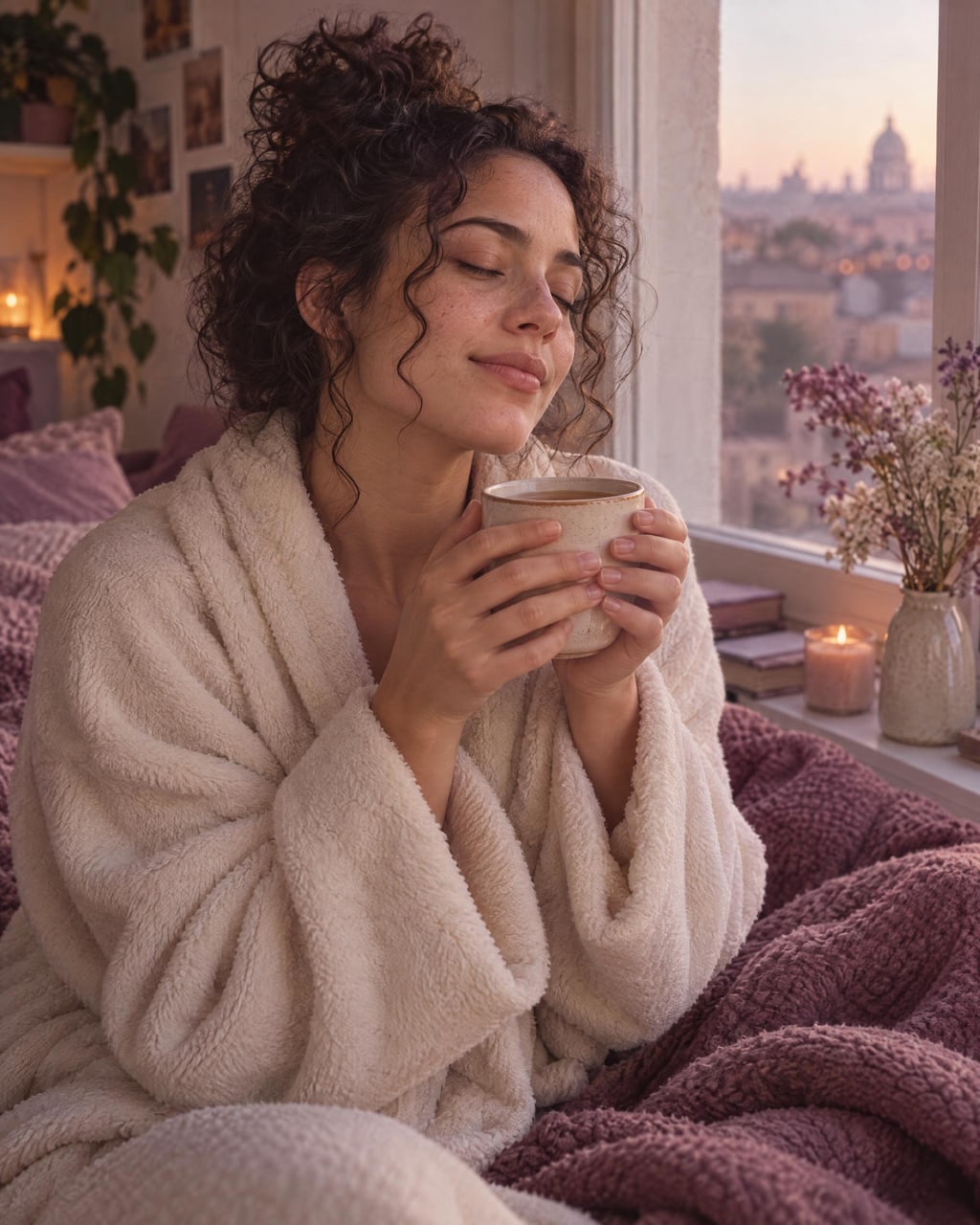 On a second iPhone, a woman in a cream robe holds a cup of tea by the window, eyes closed, savoring the moment.